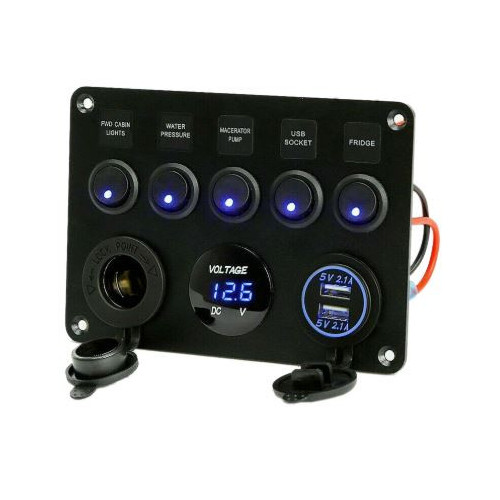 Voltímetro multifunciones 12V con puertos USB y interruptores basculantes